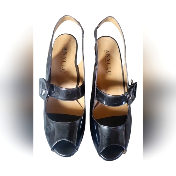 Anyi Lu Women's Black Peep-Toe Slingback Patent Leather Made In Italy Heels - Picture 2 of 9